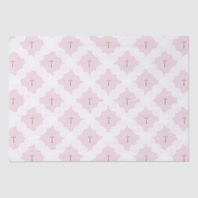 Elegant pink gold cross white pattern baptism tissue paper (Front)