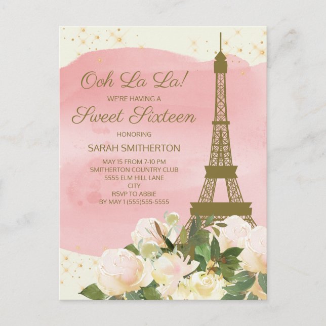 Elegant Pink Gold Eiffel Tower Paris Sweet 16  Postcard (Front)