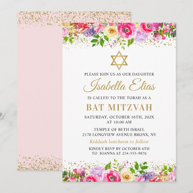 Elegant Pink Gold Floral Bat Mitzvah Invitation (Front/Back)