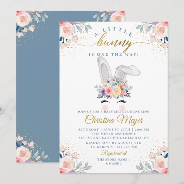 Elegant Pink Gold Floral Bunny Face Baby Shower Invitation (Front/Back)