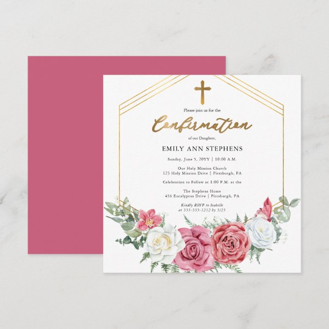 Elegant Pink | Gold Floral Frame Girl Confirmation Invitation (Front/Back)
