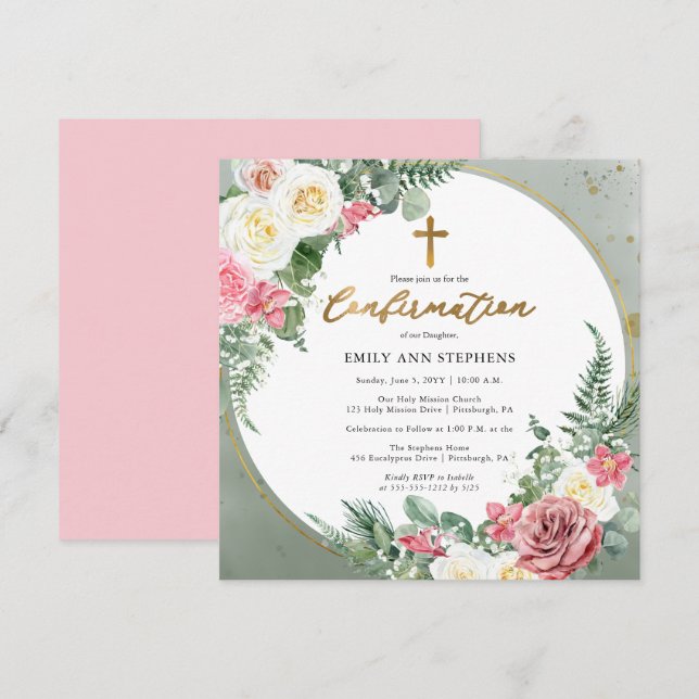 Elegant Pink | Gold Floral Frame Girl Confirmation Invitation (Front/Back)