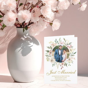 Elegant Pink Gold Floral Newlywed Photo Wedding Announcement