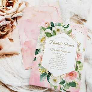 Elegant Pink Gold Floral Rose Bridal Shower Invitation