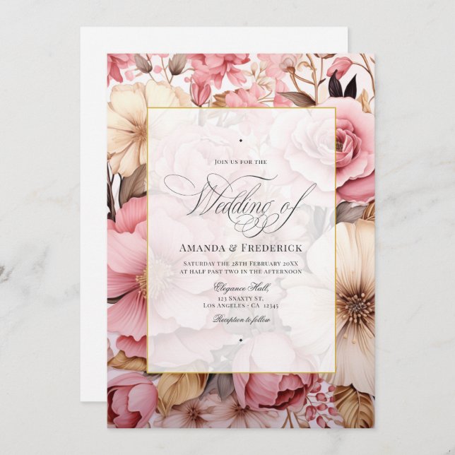Elegant Pink Gold Floral Wedding Invitation (Front/Back)