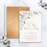 Elegant Pink & Gold Floral Woman's 50th Birthday Invitation<br><div class="desc">Modern,  elegant woman's 50th birthday party invitation featuring a beautiful pink watercolor floral motif in the top corner,  with "50th Birthday Party" and the back of the card in faux matte gold foil,  and the name in matching gold coloured text. Bordered in pink. Copyright Elegant Invites,  all rights reserved.</div>