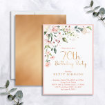 Elegant Pink & Gold Floral Woman's 70th Birthday Invitation<br><div class="desc">Modern,  elegant woman's 70th birthday party invitation featuring a beautiful pink watercolor floral motif in the top corner,  with "70th Birthday Party" and the back of the card in faux matte gold foil,  and the name in matching gold coloured text. Bordered in pink. Copyright Elegant Invites,  all rights reserved.</div>