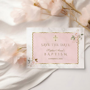 Elegant Pink Gold Flowers Cross Girl Baptism Save The Date