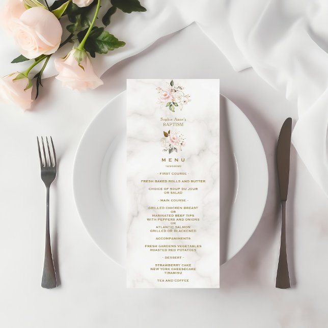 Elegant Pink Gold Flowers Marble Baptism Menu (Creator Uploaded)