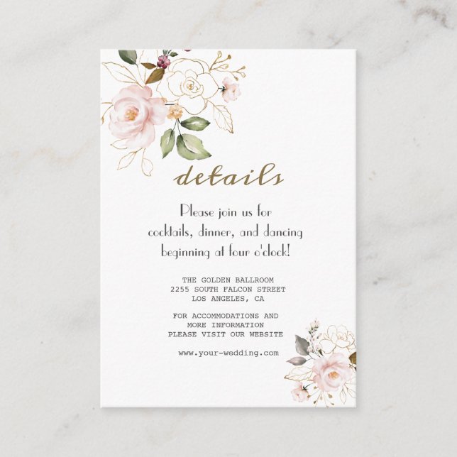 Elegant Pink Gold Flowers Wedding Details Enclosure Card (Front)