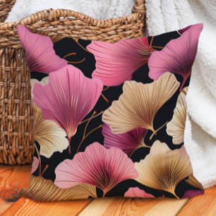 Elegant Pink Gold Ginko Leaves Black Throw Pillow