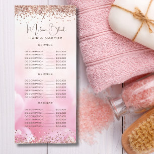 Elegant Pink Gold Glitter Beauty Salon Price List Rack Card