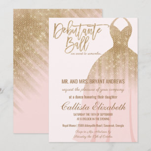 Elegant Pink Gold Glitter Dress Debutante Dance Invitation