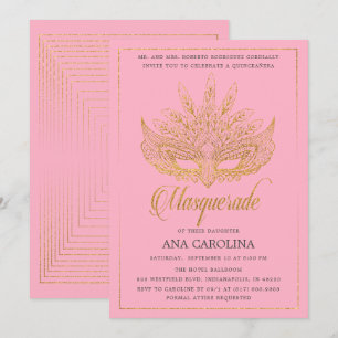 Elegant Pink Gold Glitter Masquerade Quinceañera Invitation