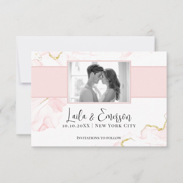 Elegant Pink & Gold Marble Flat Save The Date Card (Front)