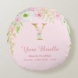 Elegant Pink Gold Monogram "Y" Baby Girl Stats Round Pillow