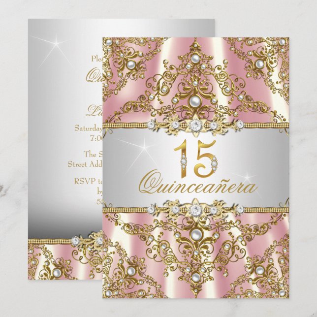 Elegant Pink Gold Pearl Damask Quinceanera Invite (Front/Back)