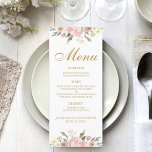 Elegant Pink Gold Peony Floral Wedding Dinner Menu<br><div class="desc">A beautiful blush pink peony and ivory floral dinner menu for your spring or garden wedding. This elegant event stationary is decorated with a romantic bouquet of watercolor flowers bordering the top and bottom. Fill with your appetizers,  entree choices,  and dessert. Customize in antique gold typography.</div>