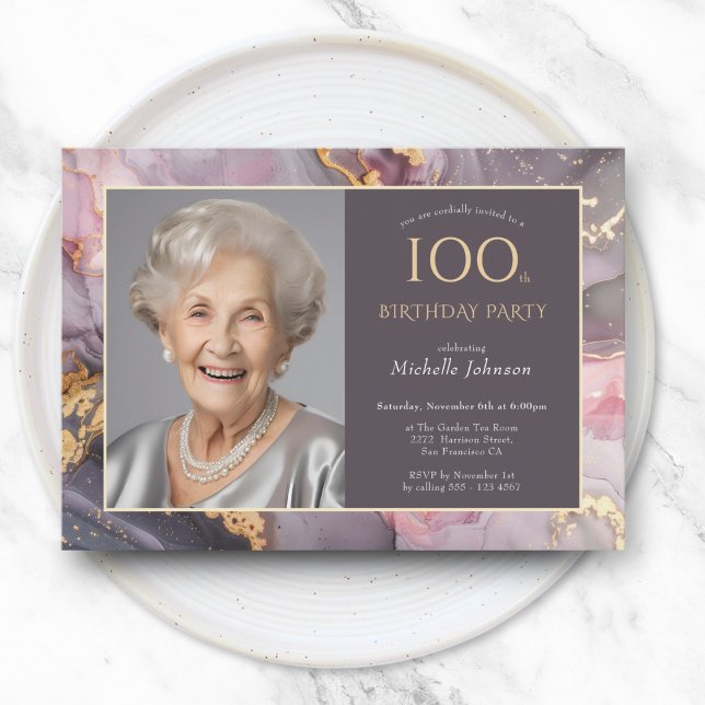 Elegant Pink Gold Photo 100th Birthday Invitation (Elegant Pink Gold Photo 100th Birthday Invitation)