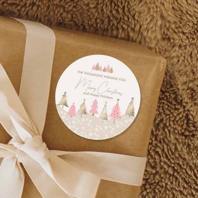 Elegant Pink Gold Pine Tree Winter Party Classic Round Sticker (Creator Uploaded)