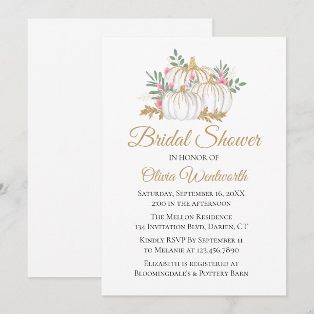 Elegant Pink Gold Pumpkins Fall Bridal Shower Invitation (Front/Back)