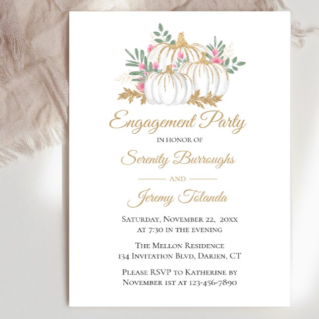 Elegant Pink Gold Pumpkins Fall Engagement Party Invitation (Creator Uploaded)