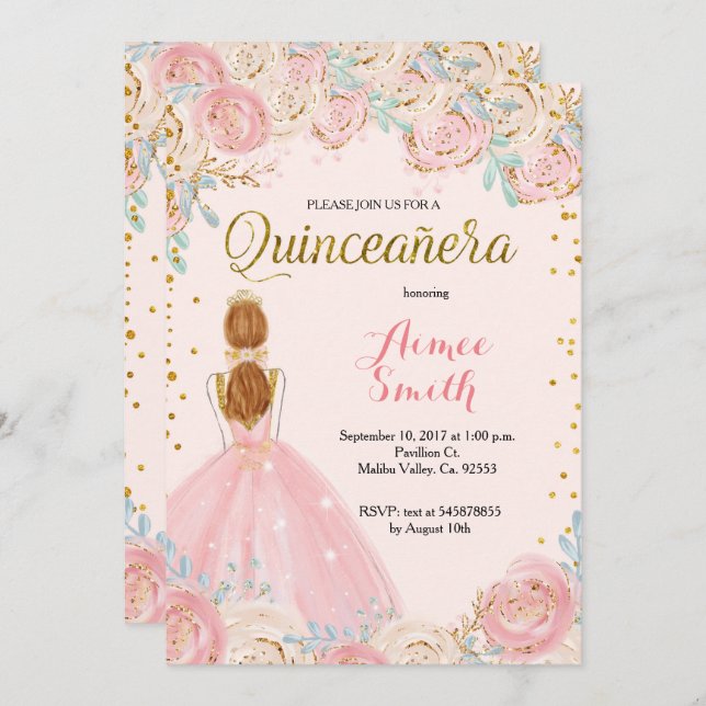 Elegant Pink Gold Quinceanera Invitation (Front/Back)