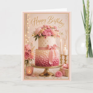 Elegant Pink & Gold Ruffle Floral Birthday Cake Card