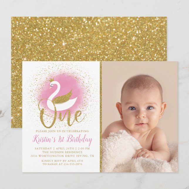 Elegant Pink Gold Swan Princess 1st Birthday Photo Invitation (Front/Back)