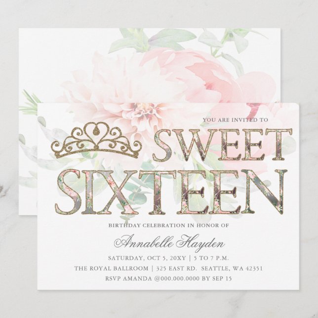 Elegant Pink Gold Tiara Floral Sweet 16 Invitation (Front/Back)