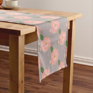 Elegant Pink & Gold Watercolor Roses Grey Design Short Table Runner