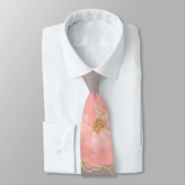 Elegant Pink & Gold Watercolor Roses Grey Design Tie (Tied)
