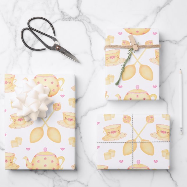 Elegant Pink & Gold Watercolour Tea Party Wrapping Paper Sheet (Front)