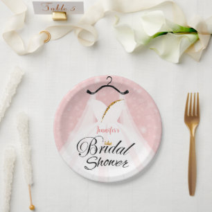 Elegant Pink & Gold Wedding Dress Bridal Shower Paper Plate