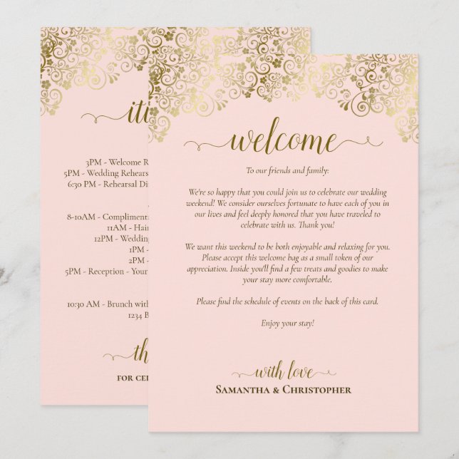 Elegant Pink & Gold Wedding Welcome & Itinerary Program (Front/Back)