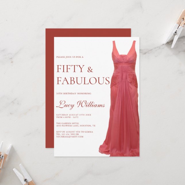 Elegant Pink Gown, 50th & Fabulous Birthday Invitation (Front/Back In Situ)