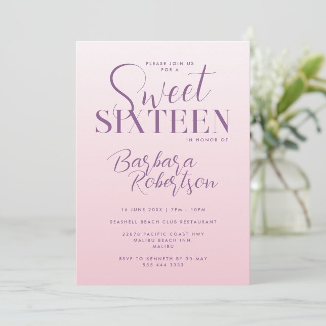 Elegant Pink Gradient Script Sweet Sixteen Invitation (Standing Front)