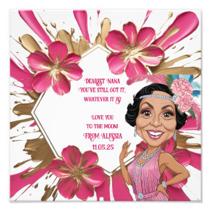 Elegant Pink Grandma Caricature with Gold Splatter Photo Print