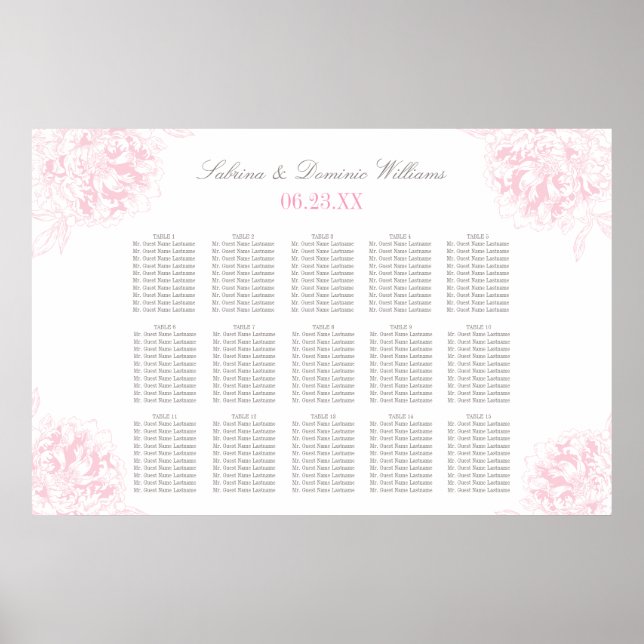 Elegant Pink Gray Floral Peony Wedding Seating Poster (Front)