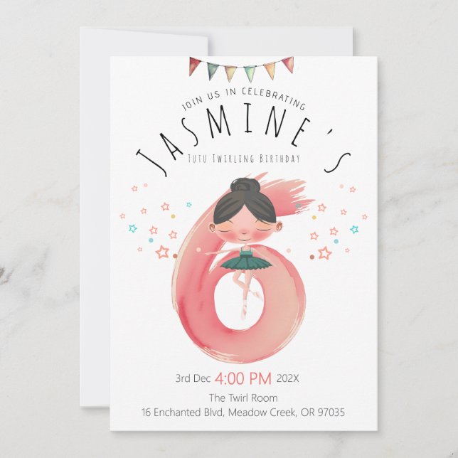 Elegant Pink Green Ballet 6th Birthday Invitation (Front)