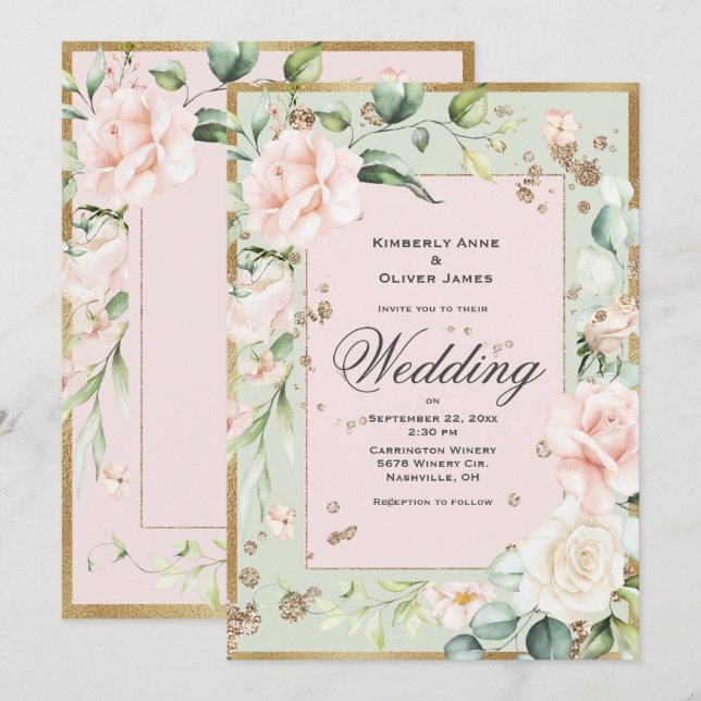 Elegant Pink Green Blush Floral Wedding Invitation (Front/Back)