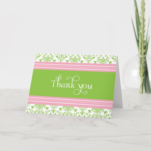 Elegant Pink & Green Damask Thank You Card (Front)