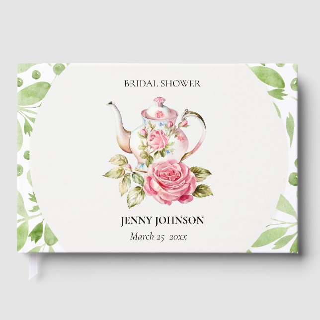 Elegant Pink Green Floral Flowers Bridal Shower Guest Book (Front)