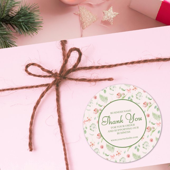 Elegant Pink Green Floral Pattern Thank You  Classic Round Sticker (Creator Uploaded)