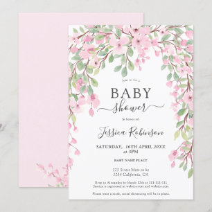 Elegant pink green floral watercolor baby shower invitation