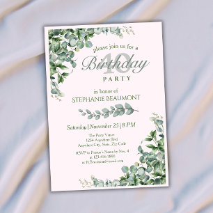 Elegant Pink Green Flower Women's 40th Birthday  Invitation