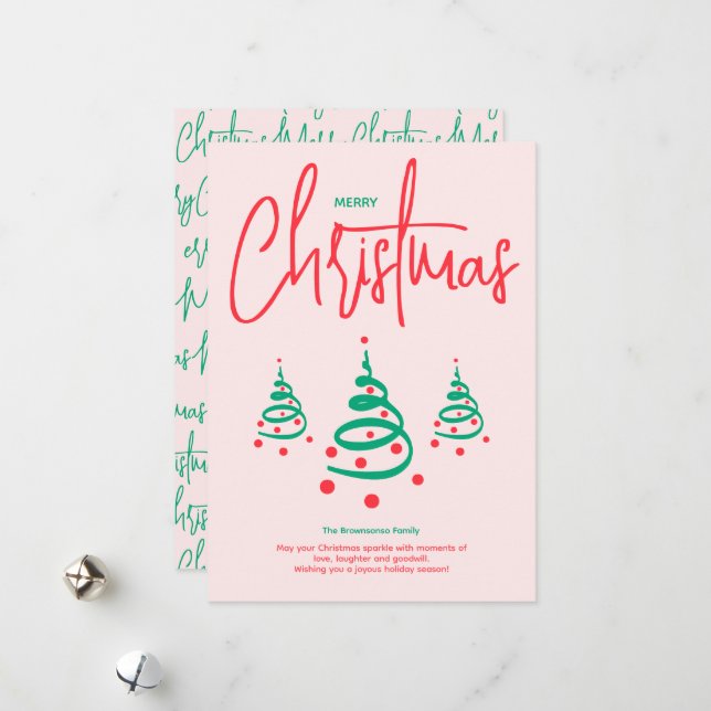 Elegant Pink Green Merry Christmas Tree Holiday Card (Front/Back In Situ)