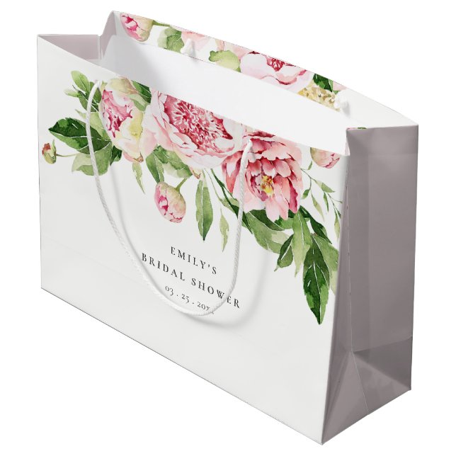 Elegant Pink Green Peony Floral Bridal Shower Large Gift Bag (Back Angled)
