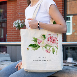 Elegant Pink Green Peony Floral Bridal Shower Tote Bag