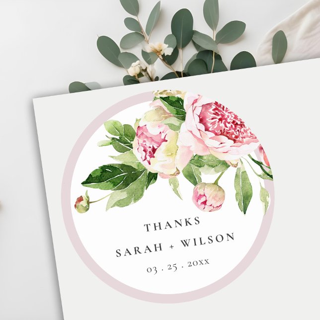 Elegant Pink Green Peony Floral Thanks Wedding Classic Round Sticker (Creator Uploaded)